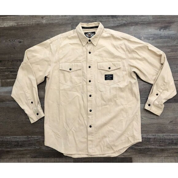 Harley Davidson Mens Large Beige Khaki Long Sleeve Heavy Button Up Shirt - Picture 1 of 7